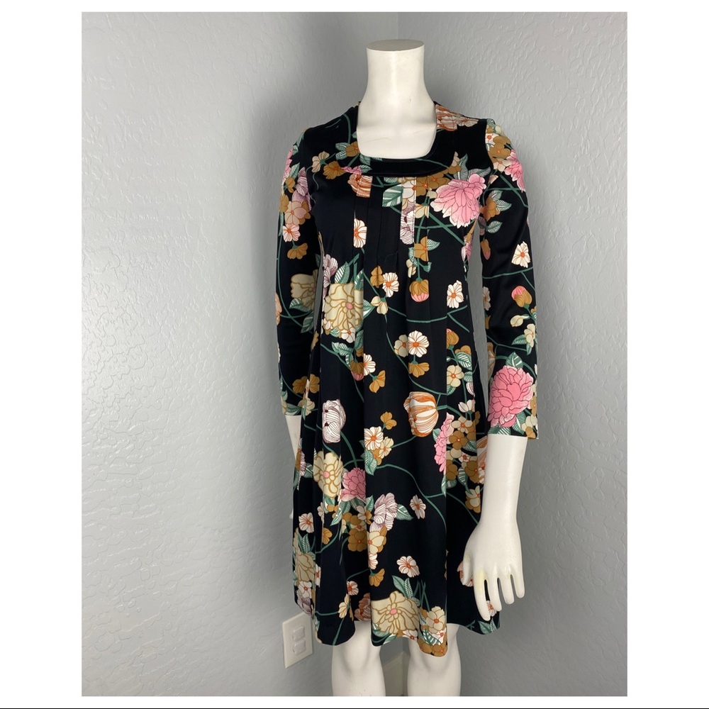 Vintage Black Pink&  Tan Floral Long Sleeve Dress